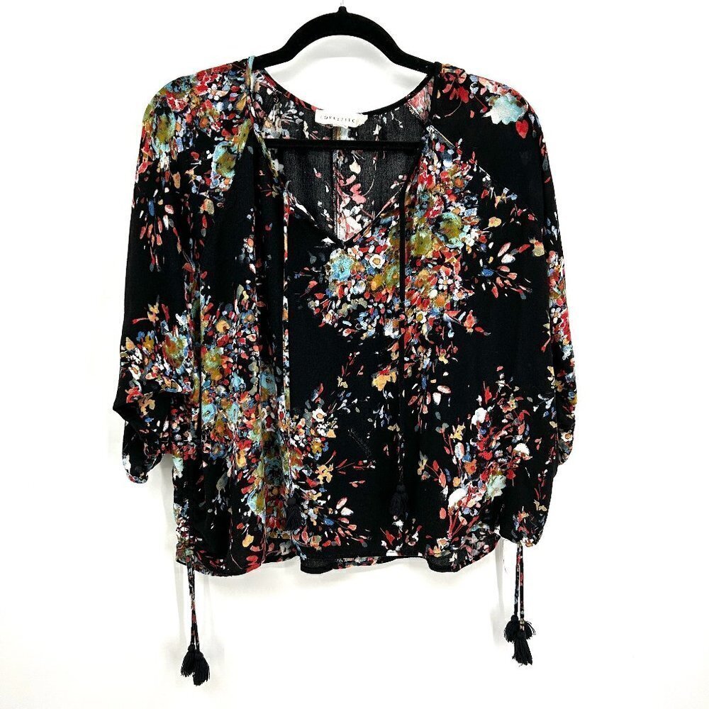 LOVESTITCH Black Colorful Floral Ruched Side Tassel Boho Blouse Small Medium